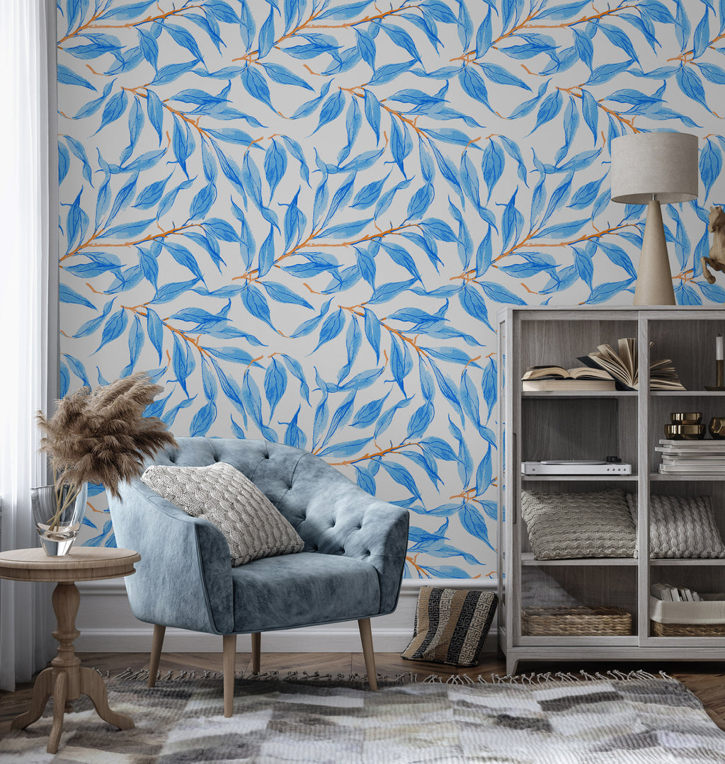 Blue Watercolour Leaves Mural
