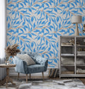Blue Watercolour Leaves Mural