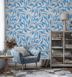 Blue Watercolour Leaves Mural