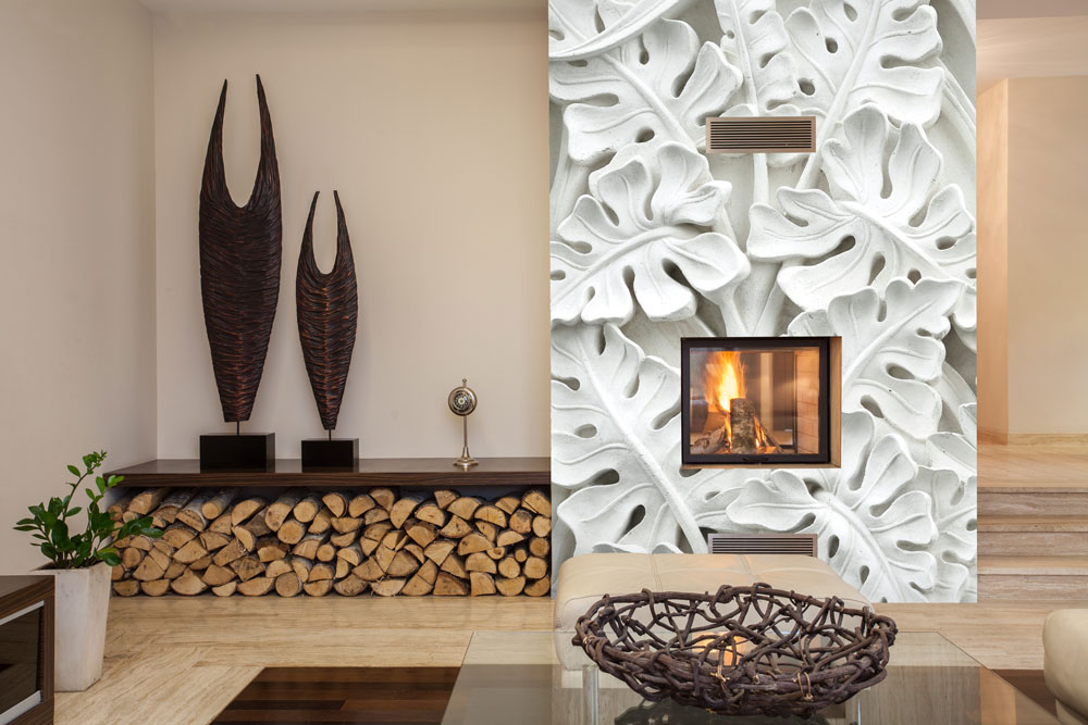 White Relief Leaf Wallpaper : 3D Carved Floral Mural - View 2