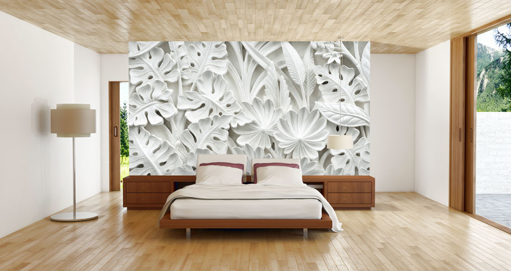 White Relief Leaf Wallpaper : 3D Carved Floral Mural - View 3