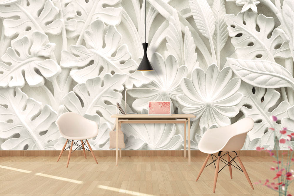 White Relief Leaf Wallpaper : 3D Carved Floral Mural