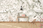 White Relief Leaf Wallpaper : 3D Carved Floral Mural