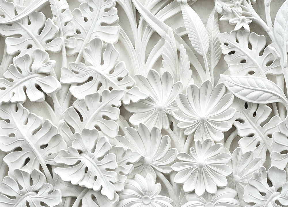 White Relief Leaf Wallpaper : 3D Carved Floral Mural - flat design