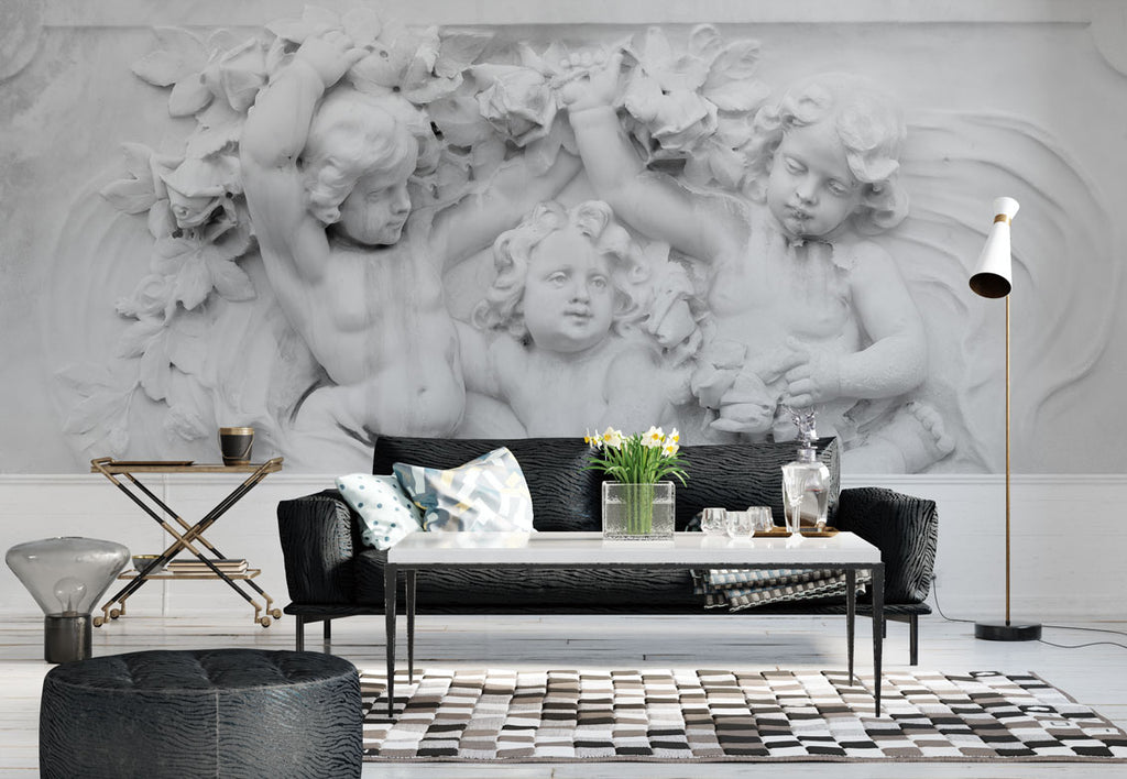 Cherub Relief Wallpaper : White Plaster Angels Mural - View 2