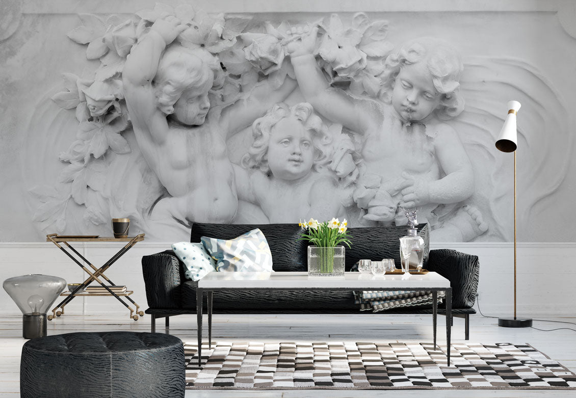 Cherub Relief Wallpaper : White Plaster Angels Mural - View 2