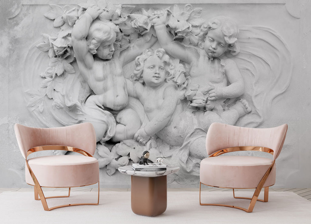 Cherub Relief Wallpaper : White Plaster Angels Mural