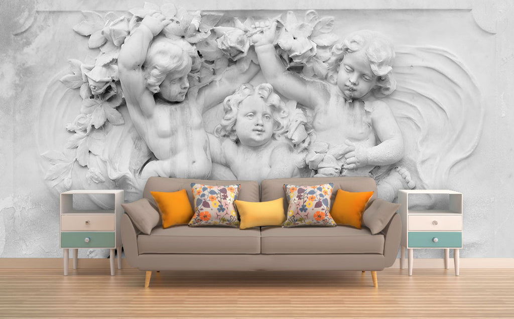 Cherub Relief Wallpaper : White Plaster Angels Mural - View 3
