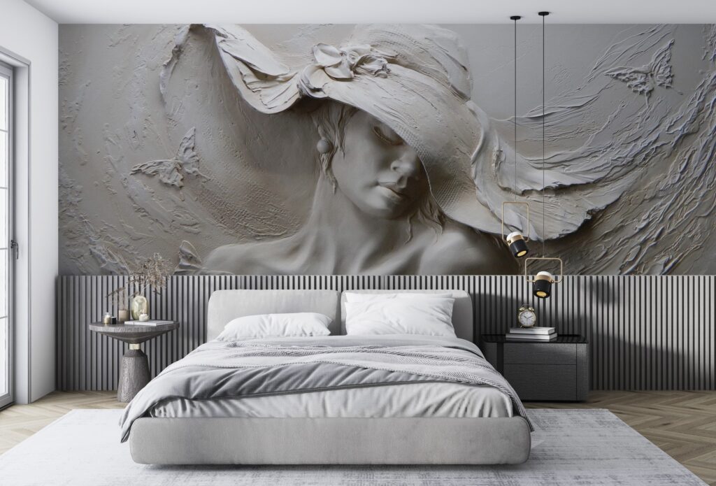 Woman in Hat Relief Wallpaper : 3D Plaster Portrait Mural