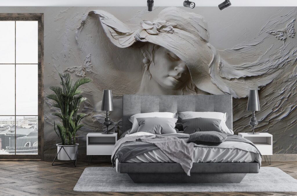 Woman in Hat Relief Wallpaper : 3D Plaster Portrait Mural - View 3