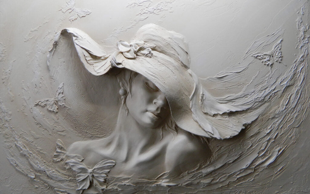 Woman in Hat Relief Wallpaper : 3D Plaster Portrait Mural - flat design