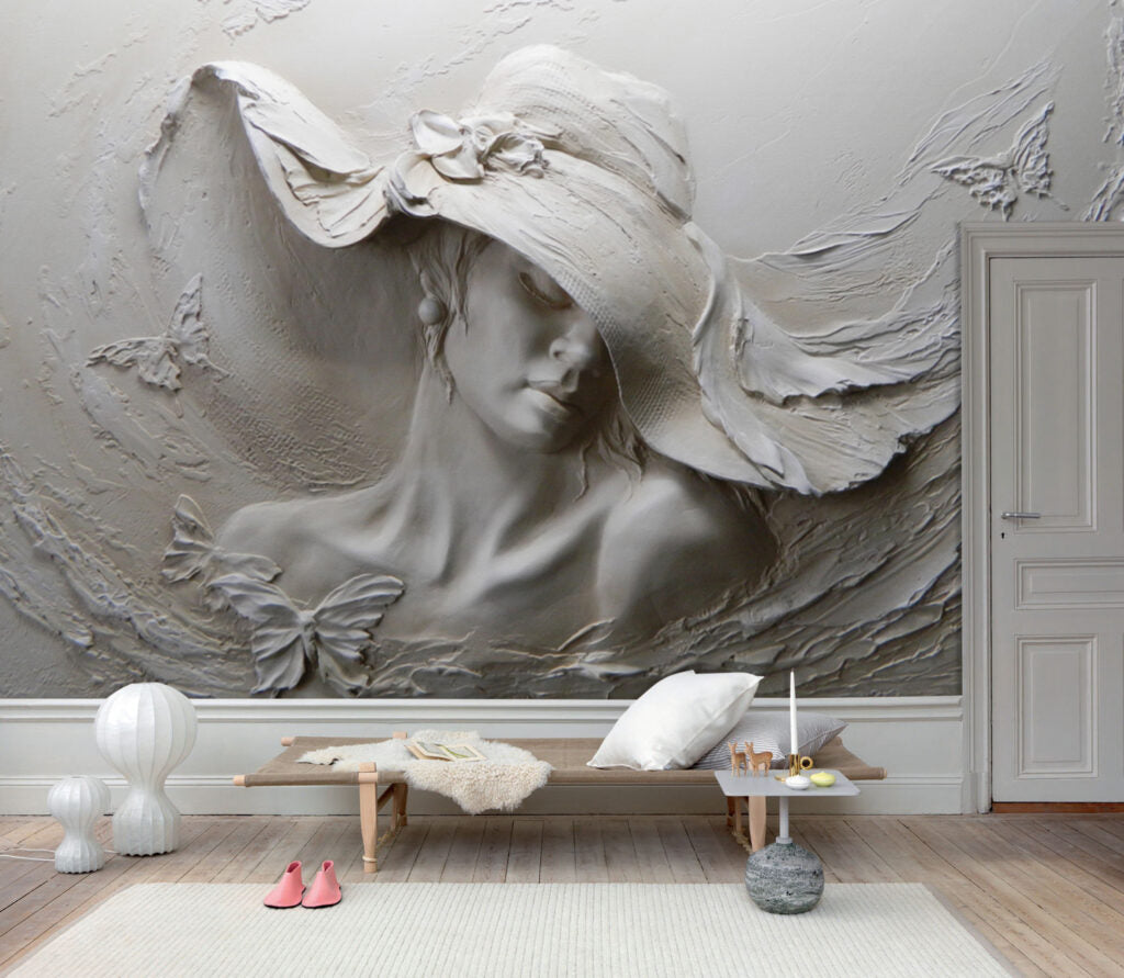 Woman in Hat Relief Wallpaper : 3D Plaster Portrait Mural - View 2