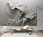 Woman in Hat Relief Wallpaper : 3D Plaster Portrait Mural - View 2