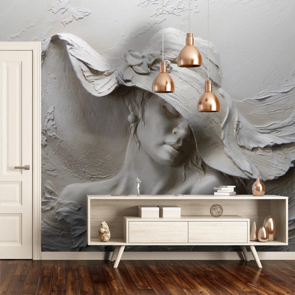 Woman in Hat Relief Wallpaper : 3D Plaster Portrait Mural - View 4