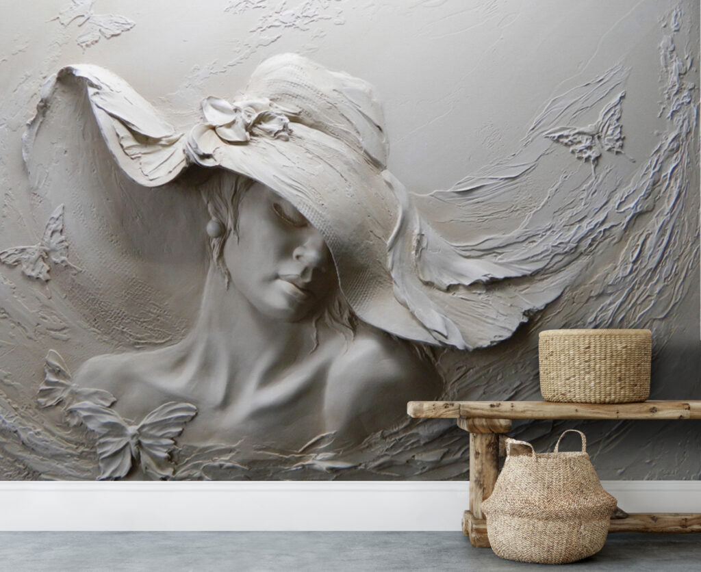 Woman in Hat Relief Wallpaper : 3D Plaster Portrait Mural - View 5