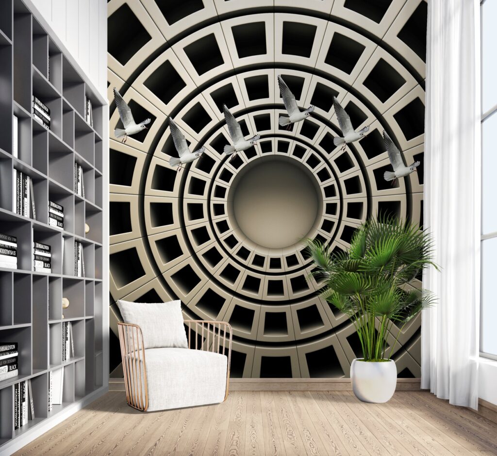 3D Coffered Dome Wallpaper : Spiral Tunnel Illusion Mural