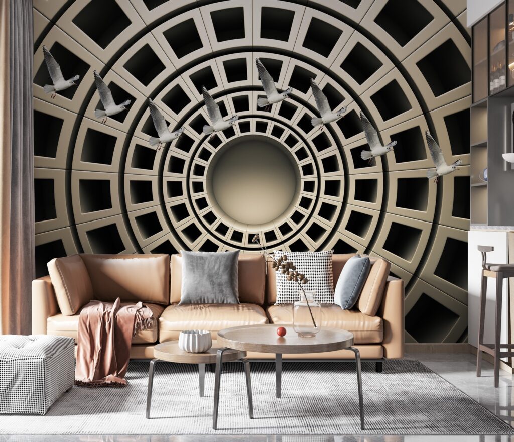 3D Coffered Dome Wallpaper : Spiral Tunnel Illusion Mural - View 2
