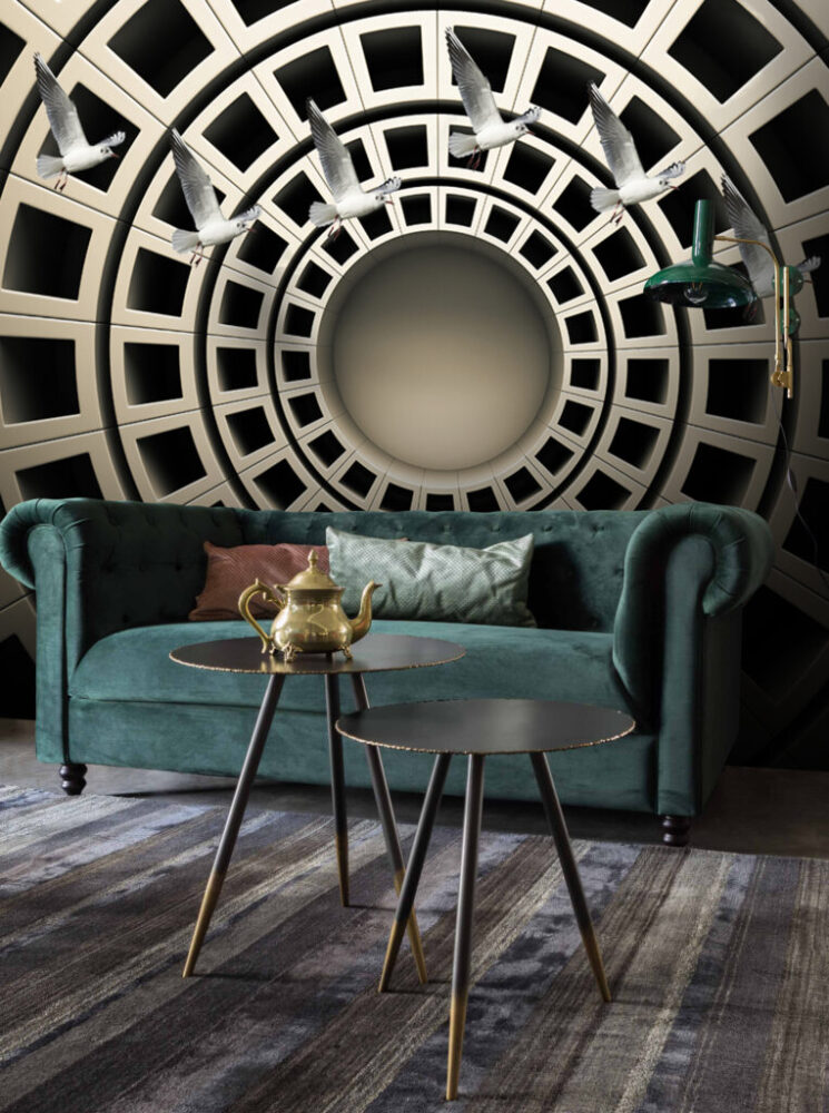 3D Coffered Dome Wallpaper : Spiral Tunnel Illusion Mural - View 3