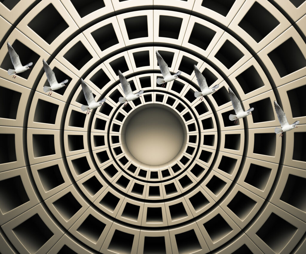 3D Coffered Dome Wallpaper : Spiral Tunnel Illusion Mural - flat design