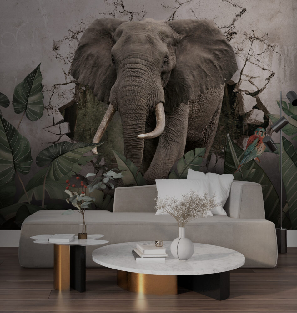 Elephant Wallpaper : 3D Wall Breakthrough Tropical Mural - View 2