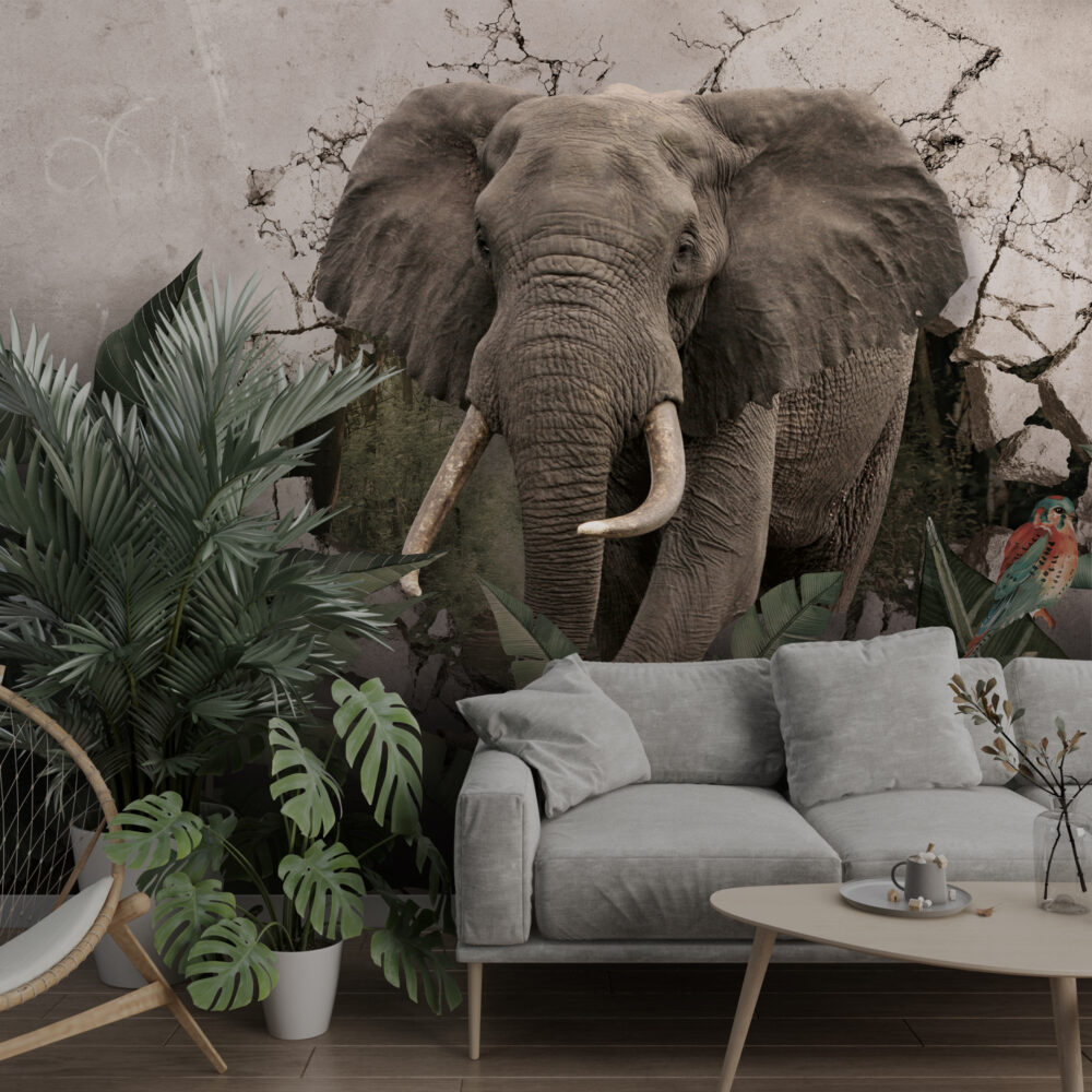 Elephant Wallpaper : 3D Wall Breakthrough Tropical Mural
