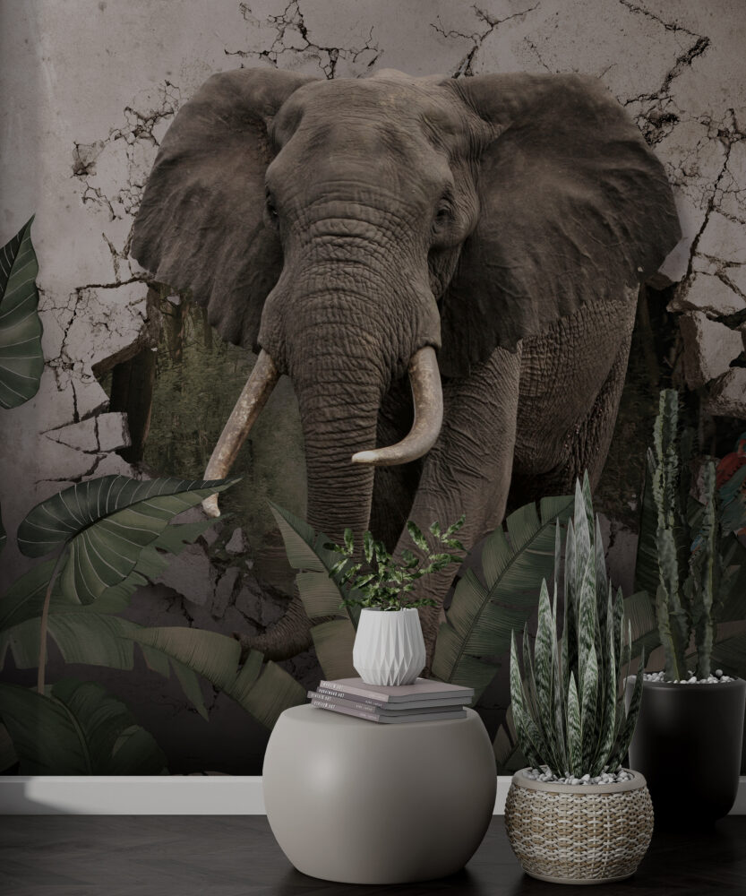 Elephant Wallpaper : 3D Wall Breakthrough Tropical Mural - View 3