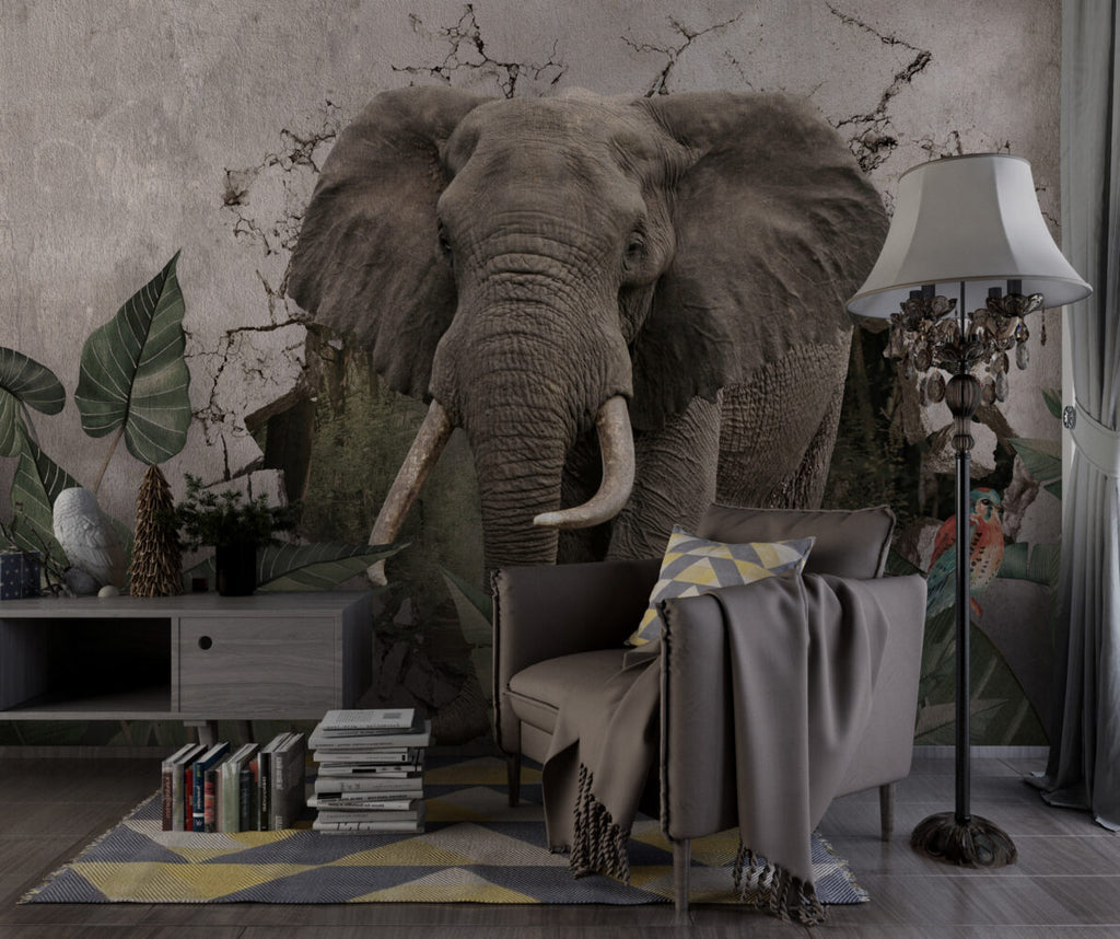 Elephant Wallpaper : 3D Wall Breakthrough Tropical Mural - View 4