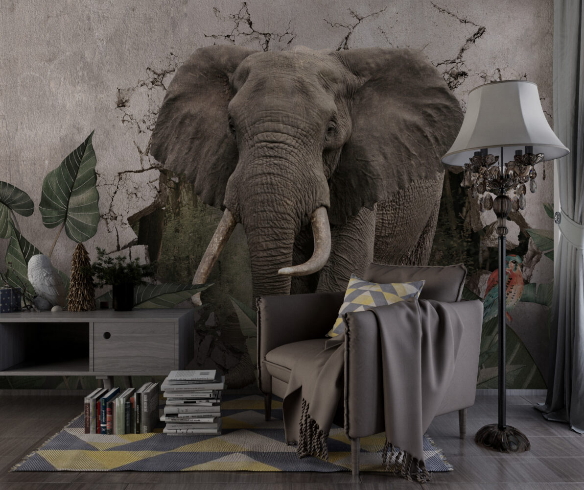 Elephant Wallpaper : 3D Wall Breakthrough Tropical Mural - View 4