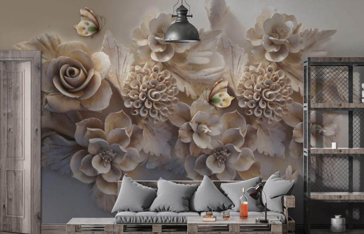 3D Flower Wallpaper : Beige Sculpted Roses Mural - View 3