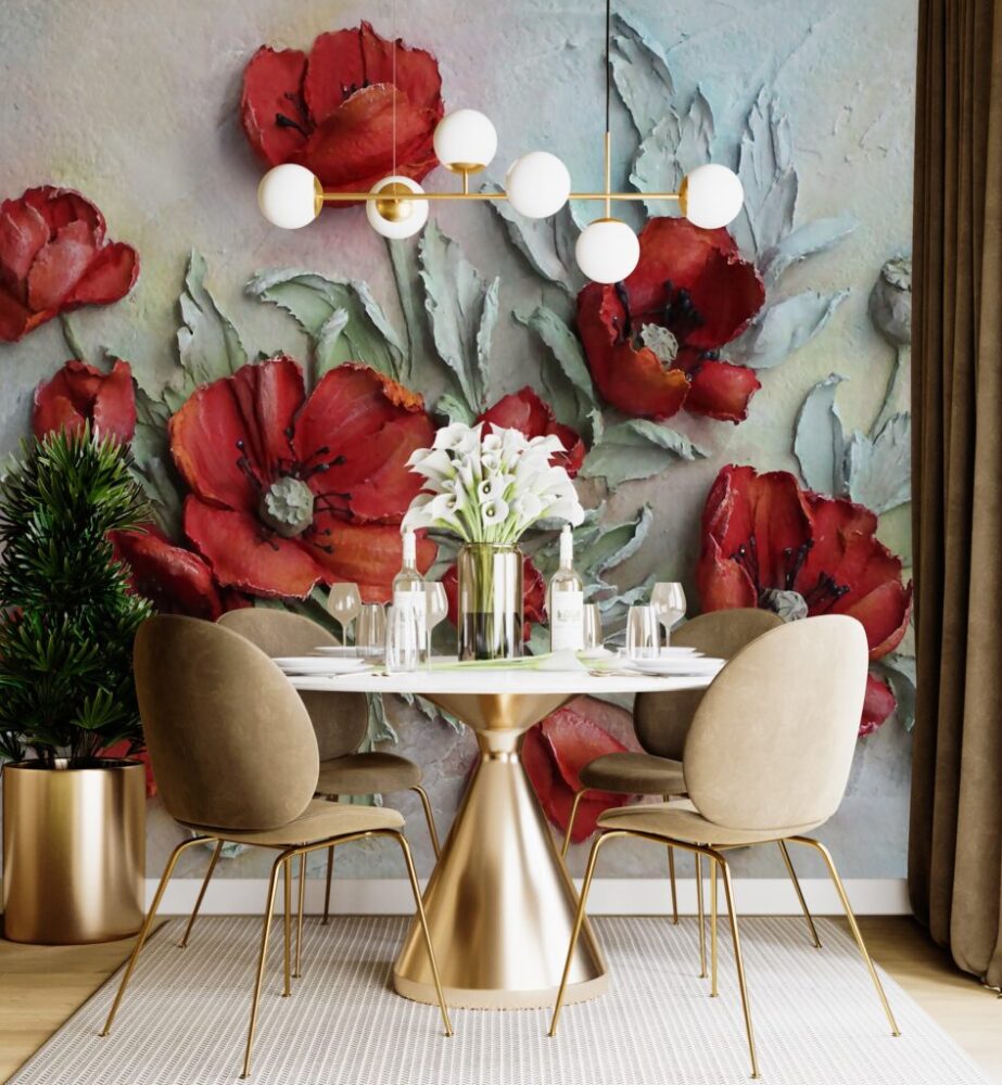 Red Poppy Relief Wallpaper : 3D Sculpted Flowers Mural