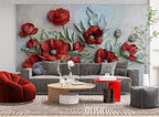Red Poppy Relief Wallpaper : 3D Sculpted Flowers Mural - View 2