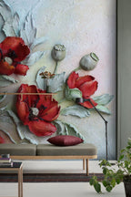 Red Poppy Relief Wallpaper : 3D Sculpted Flowers Mural - View 5