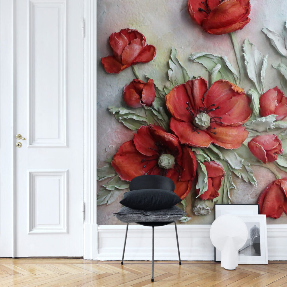 Red Poppy Relief Wallpaper : 3D Sculpted Flowers Mural - View 4