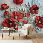 Red Poppy Relief Wallpaper : 3D Sculpted Flowers Mural - View 3