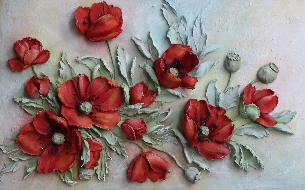 Red Poppy Relief Wallpaper : 3D Sculpted Flowers Mural - flat design