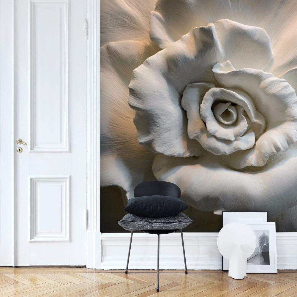 White Rose Relief Wallpaper : 3D Sculpted Rose Mural - View 2