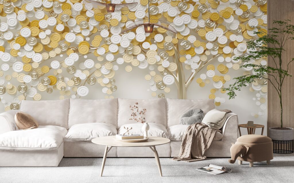 Golden Tree Wallpaper : 3D Swirl Leaf Mural