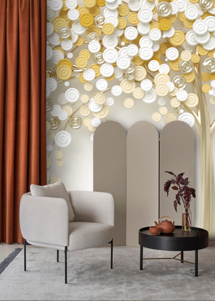 Golden Tree Wallpaper : 3D Swirl Leaf Mural - View 3