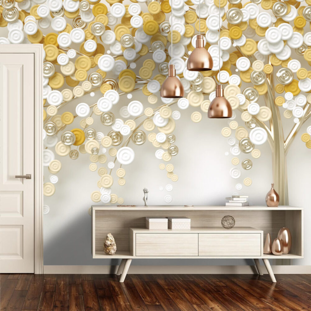 Golden Tree Wallpaper : 3D Swirl Leaf Mural - View 2