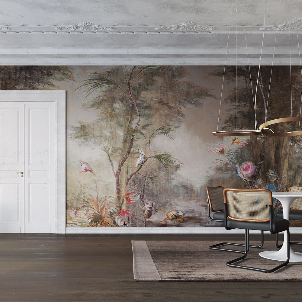 Sepia Jungle Wallpaper : Brown Vintage Tropical Bird Mural