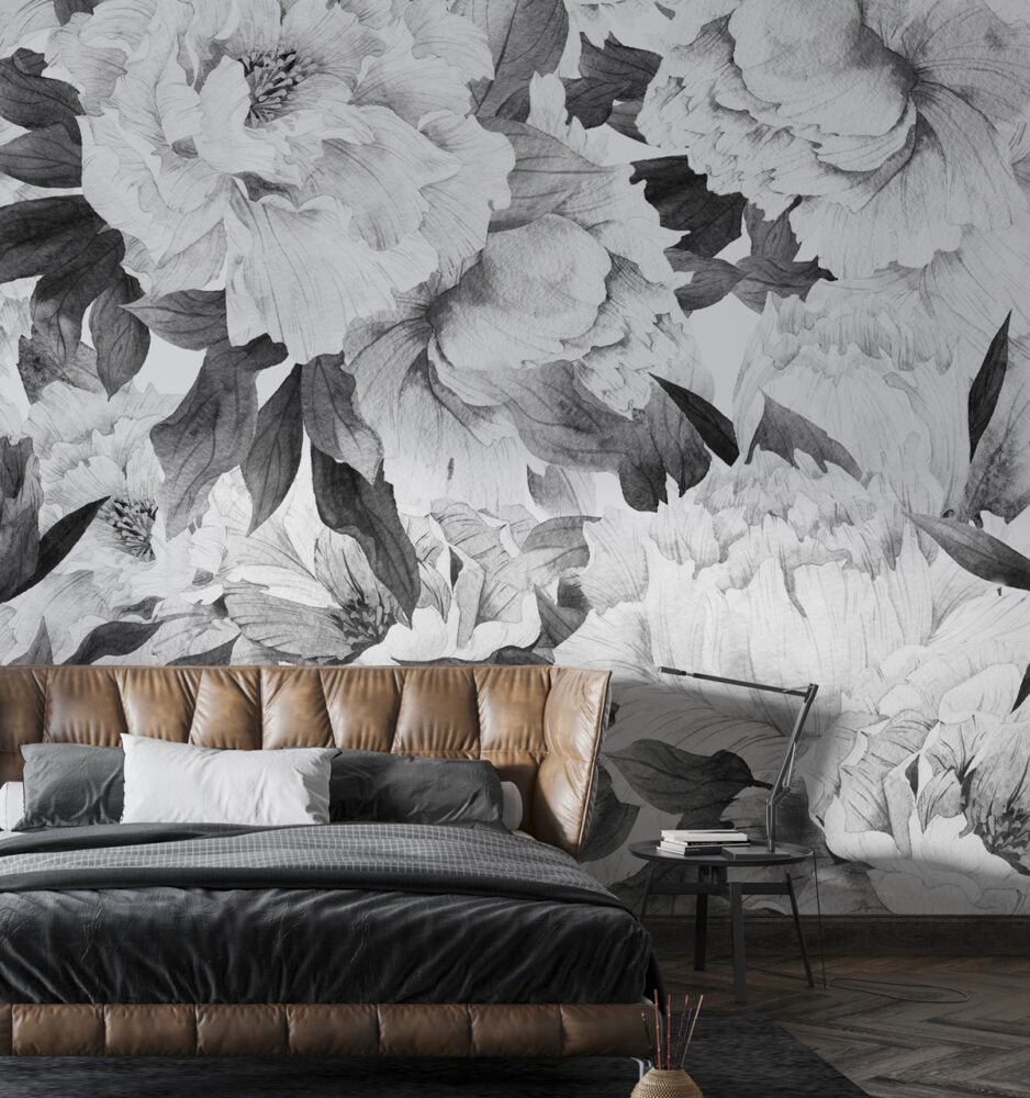 Black and White Floral Wallpaper : Monochrome Peony Mural