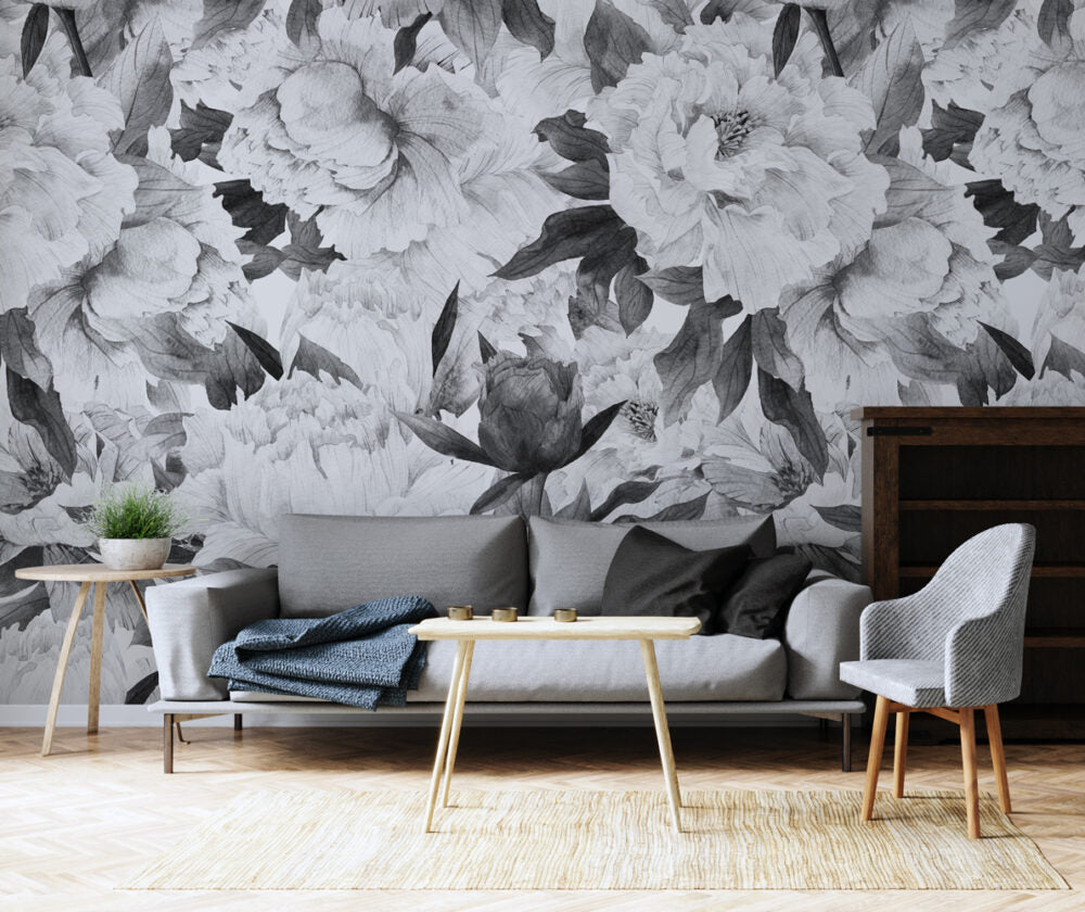 Black and White Floral Wallpaper : Monochrome Peony Mural - View 4