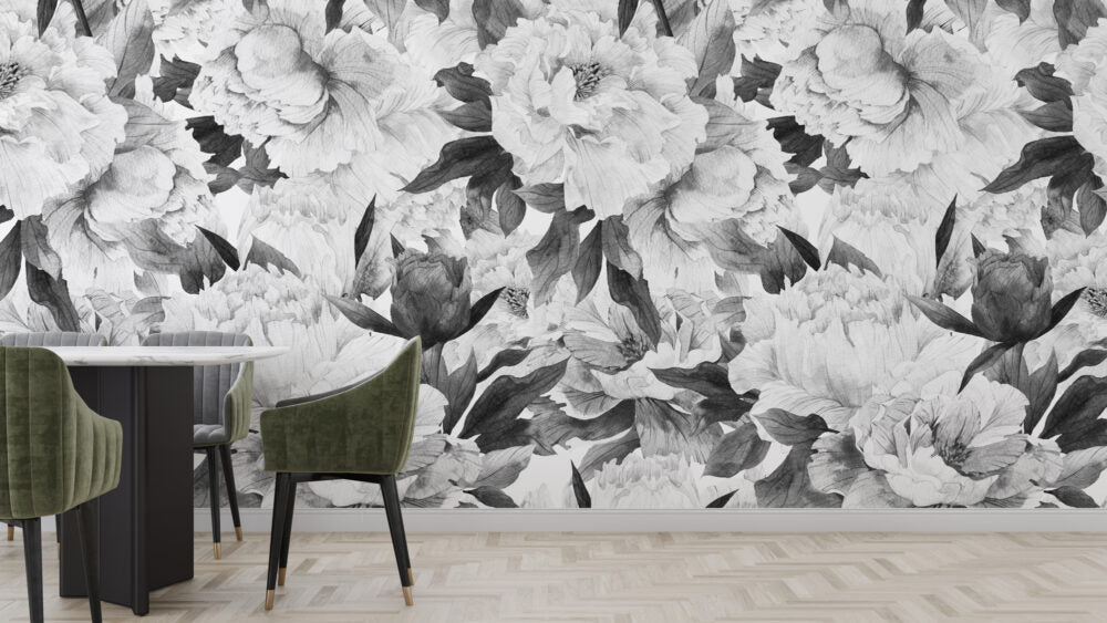 Black and White Floral Wallpaper : Monochrome Peony Mural - View 3
