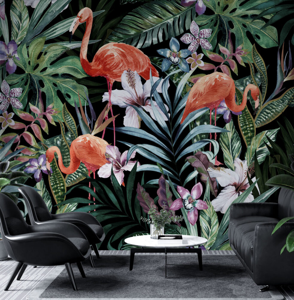 Dark Flamingo Jungle Wallpaper : Black Tropical Lily Pattern