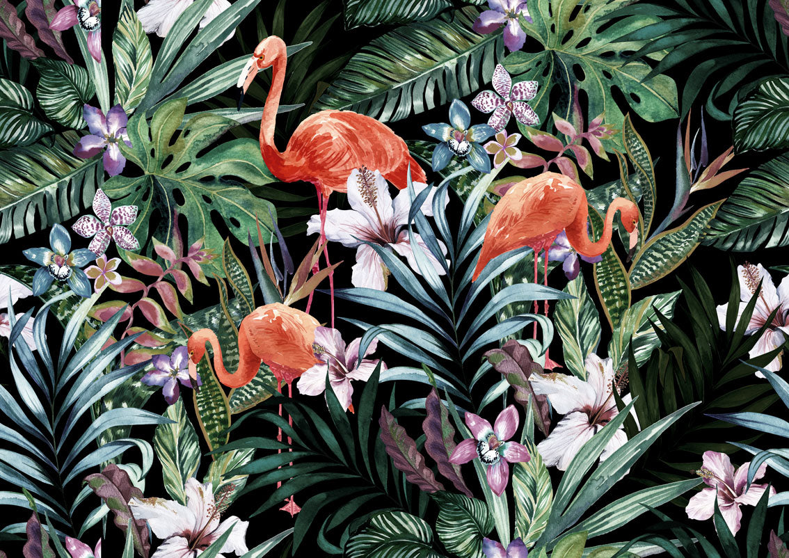 Dark Flamingo Jungle Wallpaper : Black Tropical Lily Pattern - flat design