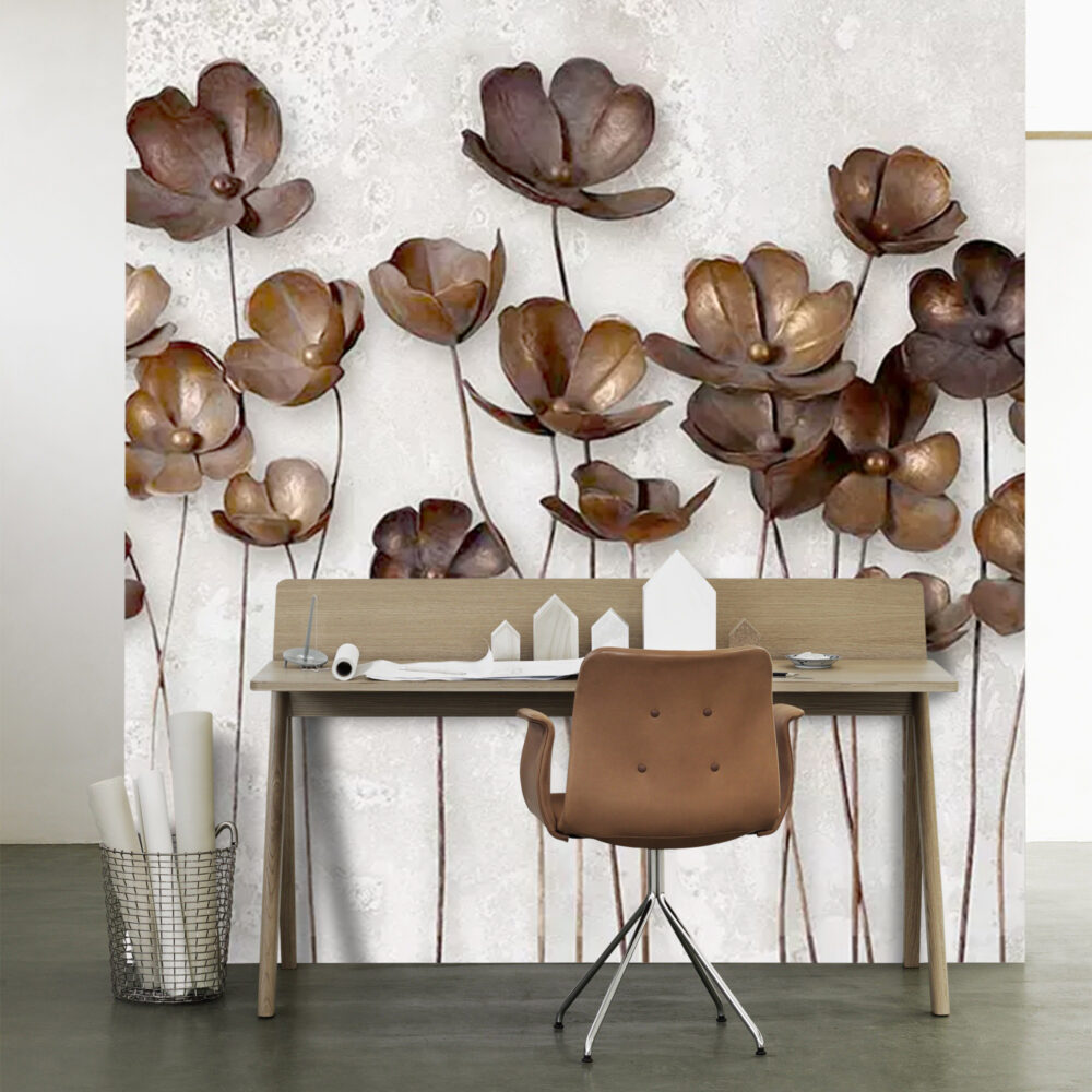 Bronze 3D Flower Wallpaper : Metallic Blossom Stems Mural - View 3
