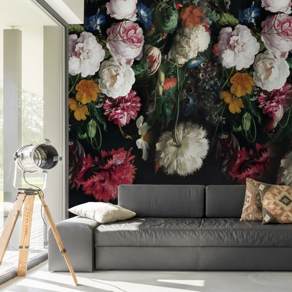 Dark Hanging Roses Wallpaper : Moody Dutch Floral Mural - View 3