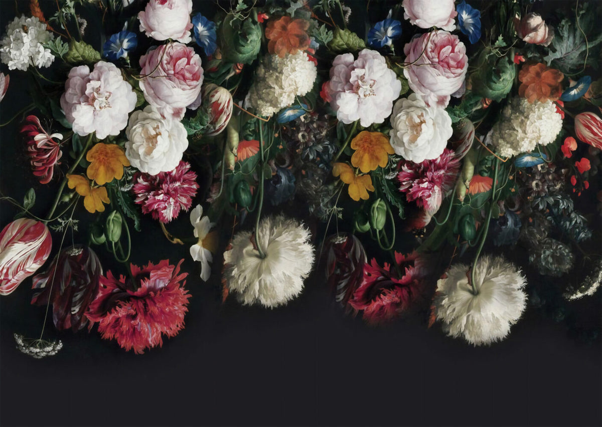 Dark Hanging Roses Wallpaper : Moody Dutch Floral Mural - flat design