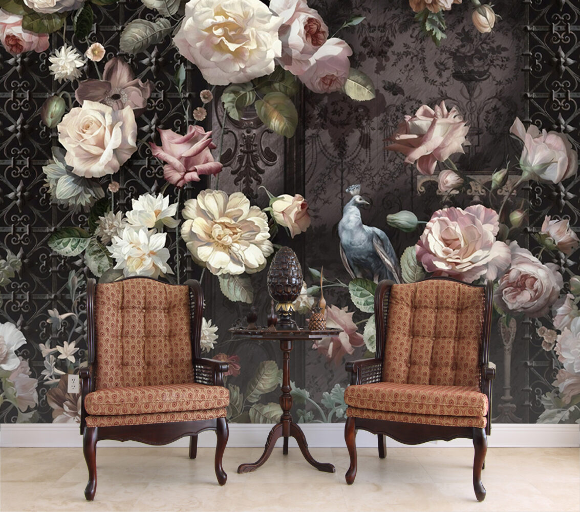 Baroque Rose Wallpaper : Dark Damask Peony Floral Mural - View 3