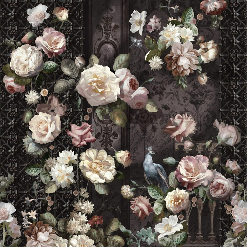 Baroque Rose Wallpaper : Dark Damask Peony Floral Mural - flat design